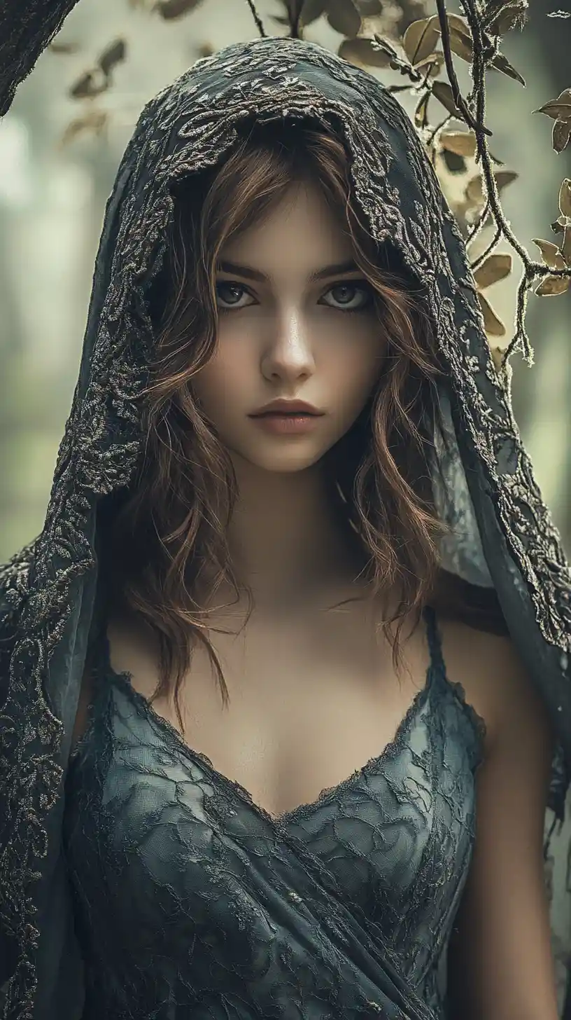 Mysterious hooded girl in teal dress in misty forest