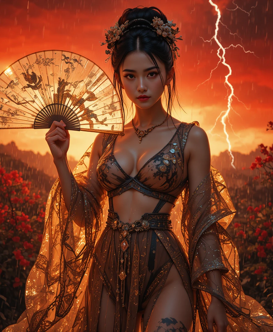 Fierce Japanese woman in rain with golden swirling particles