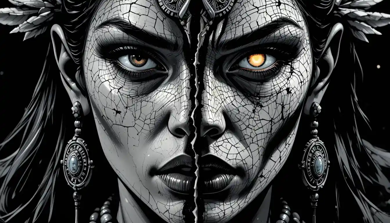 Split face portrait of woman and serpent goddess transformation