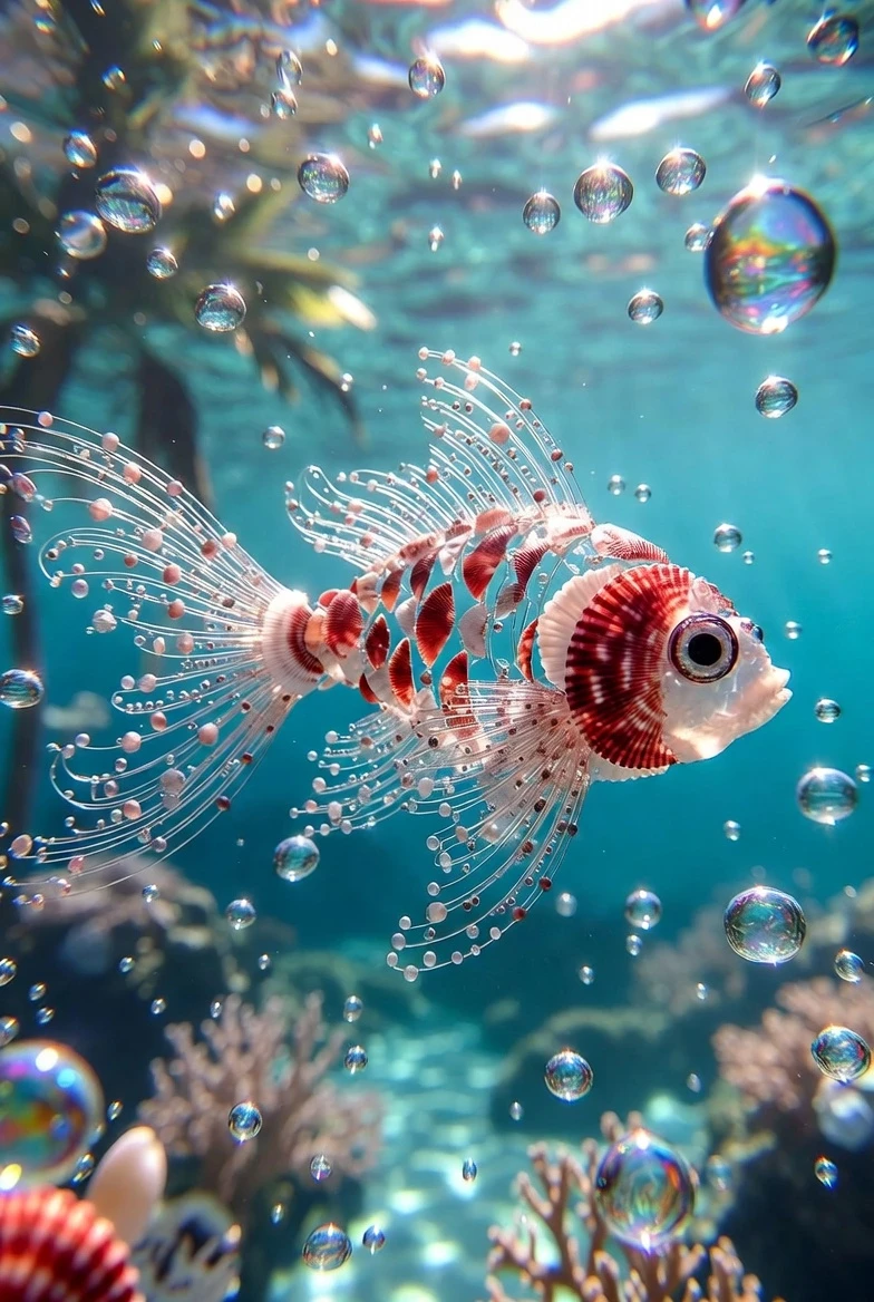 Molusco surreal flotando en agua turquesa bañada por el sol