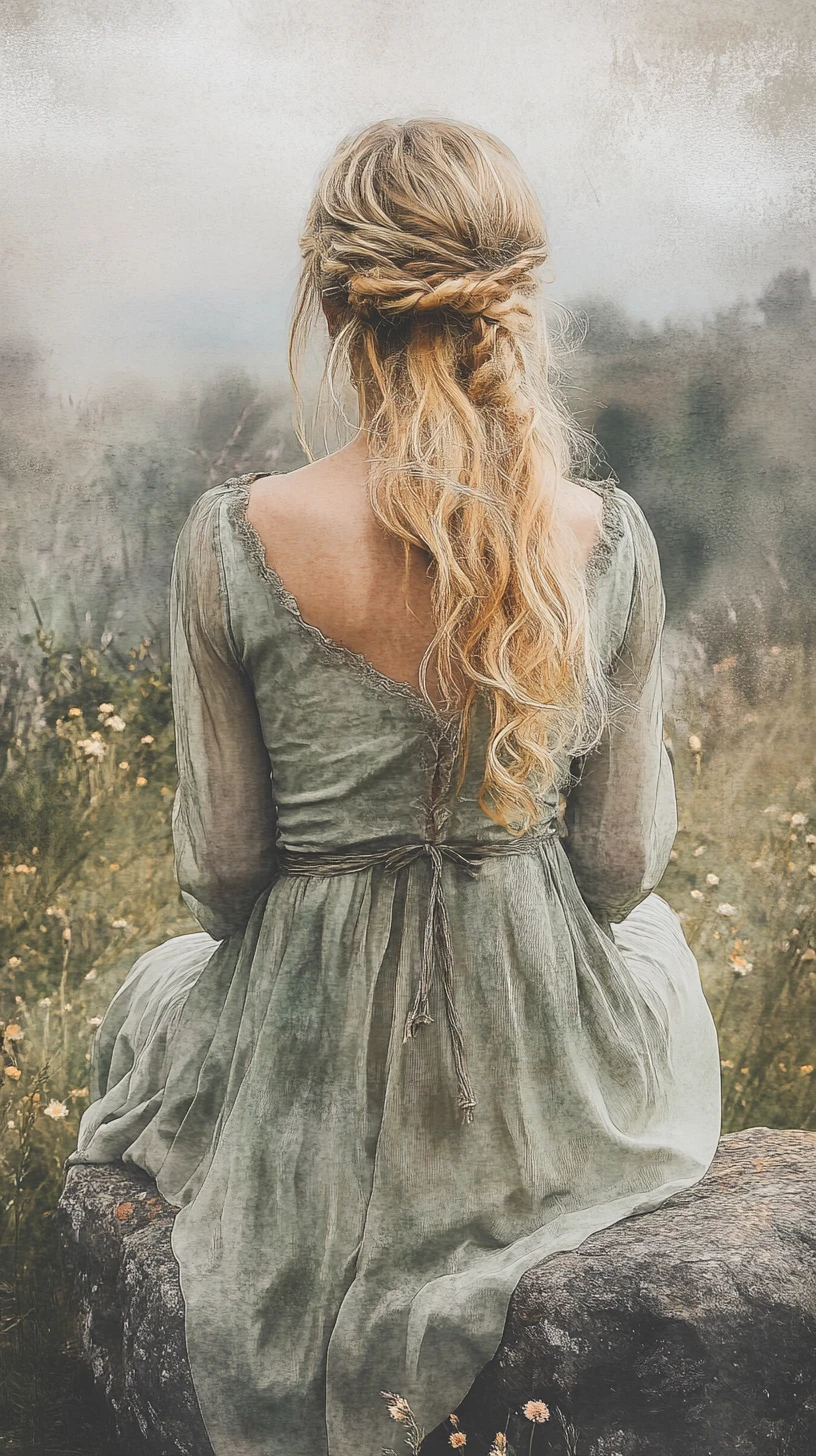 Blonde woman meditating on a rock above a green valley