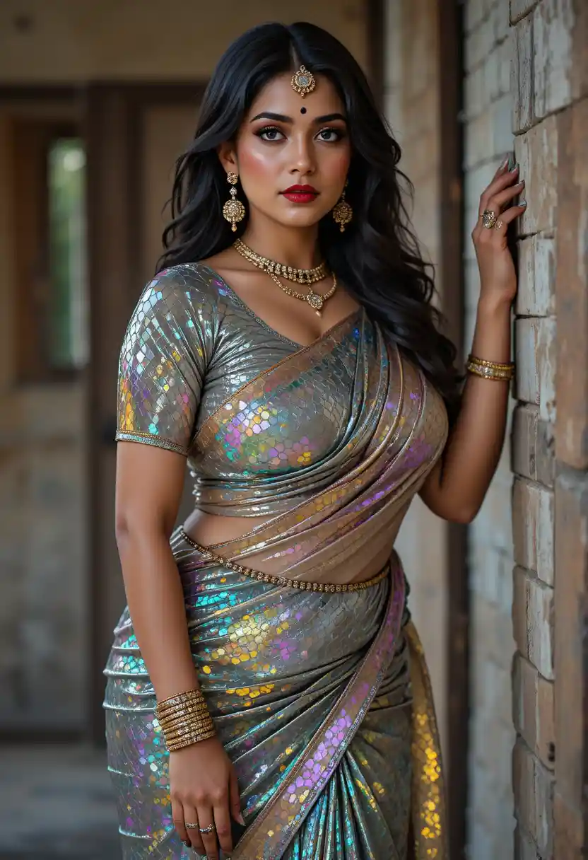 Indian woman in glossy saree standing indoors bending at waist