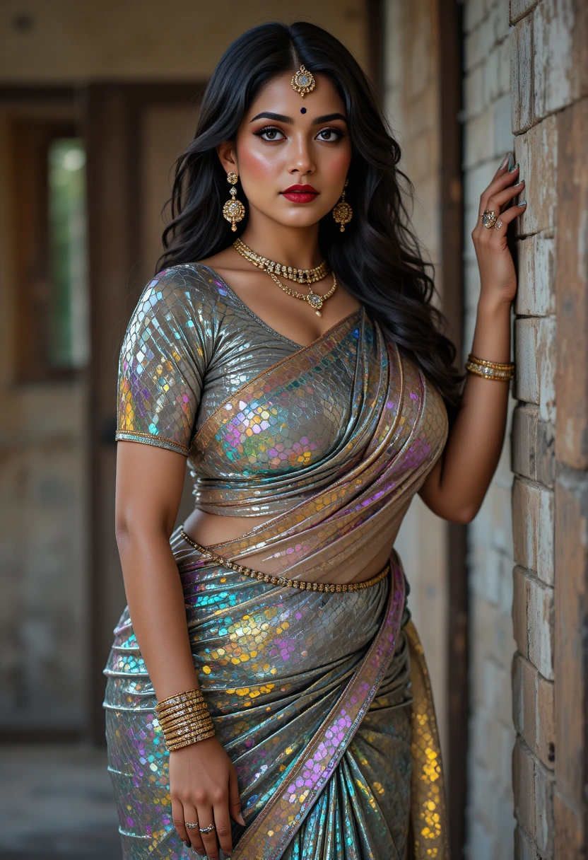 Indian woman in glossy saree standing indoors bending at waist