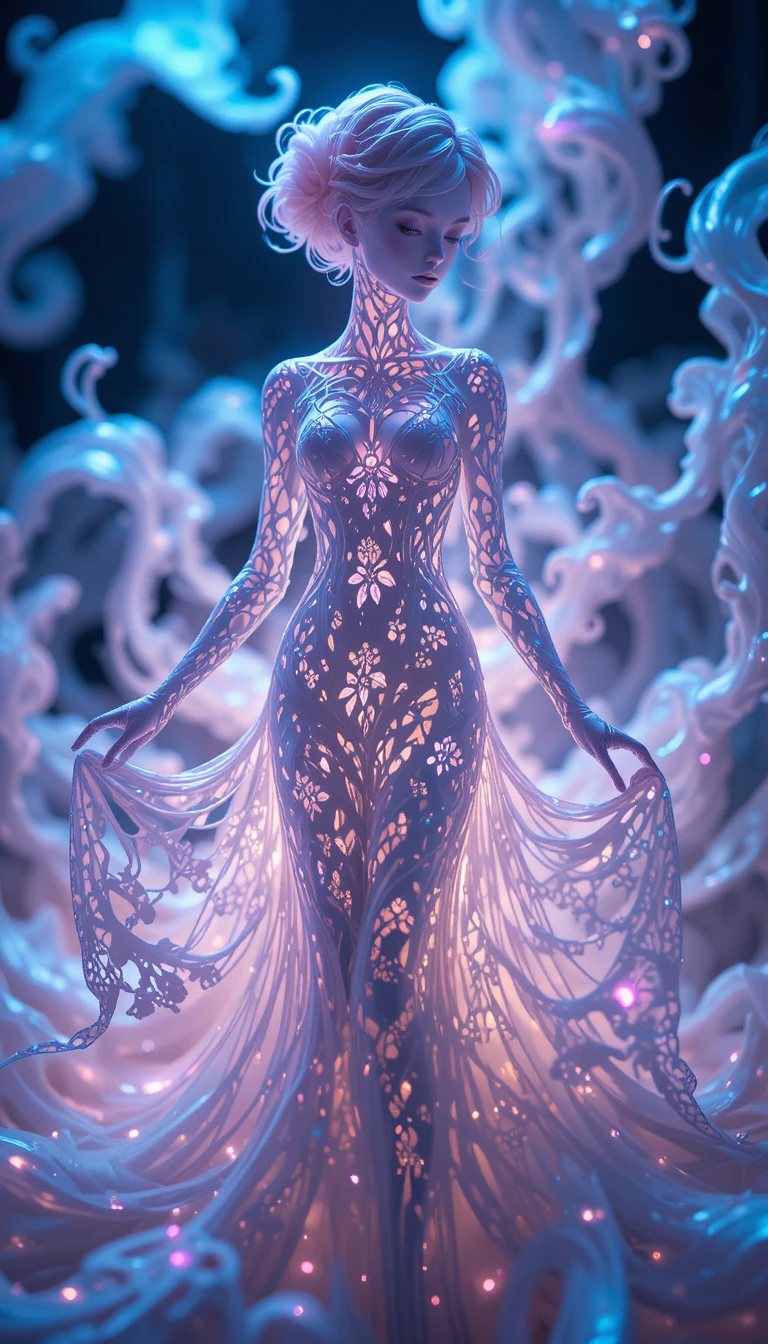 Iridescent filigree silhouette glowing in abstract macro view
