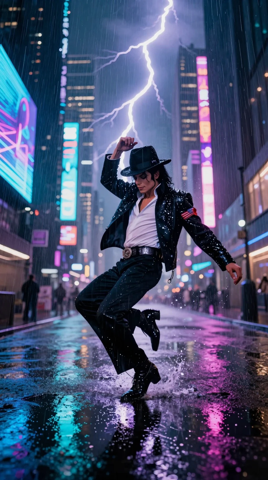 男子在霓虹燈照亮的未來城市雨中起舞