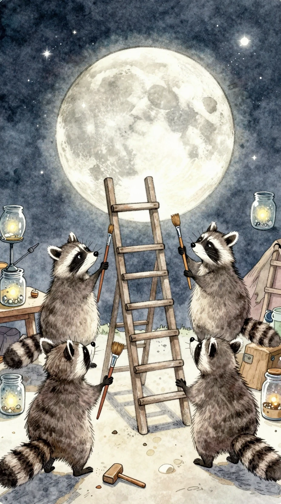 Whimsical raccoon workshop repairing the moon at night