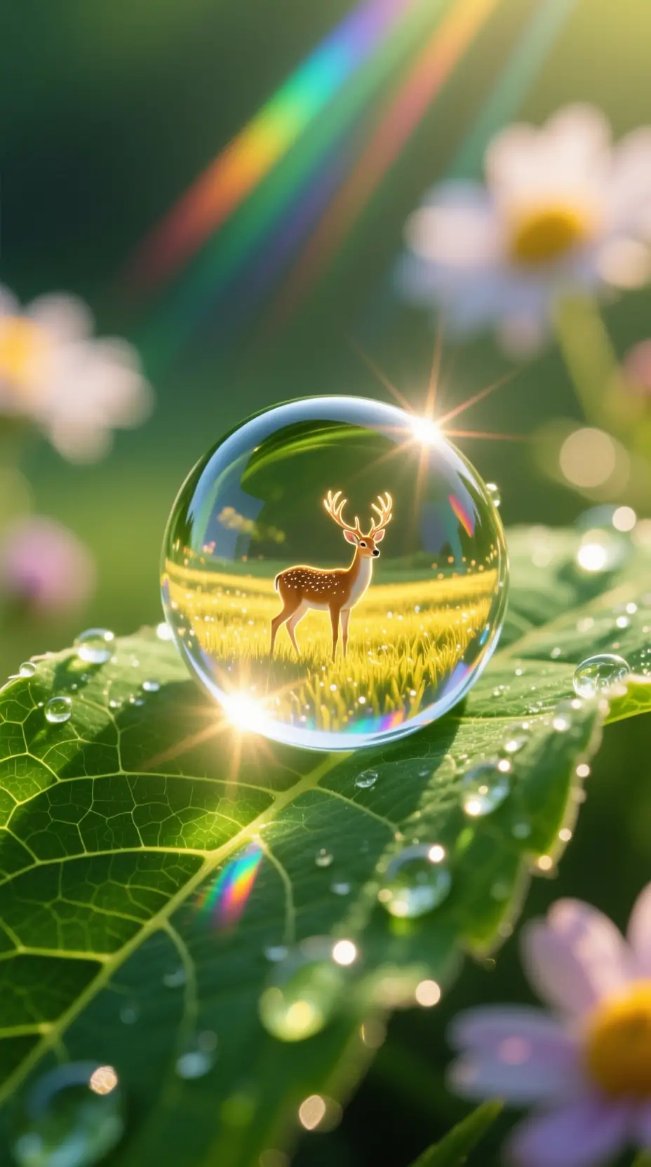 Glowing Dewdrop Macro With Enchanted Meadow Reflection