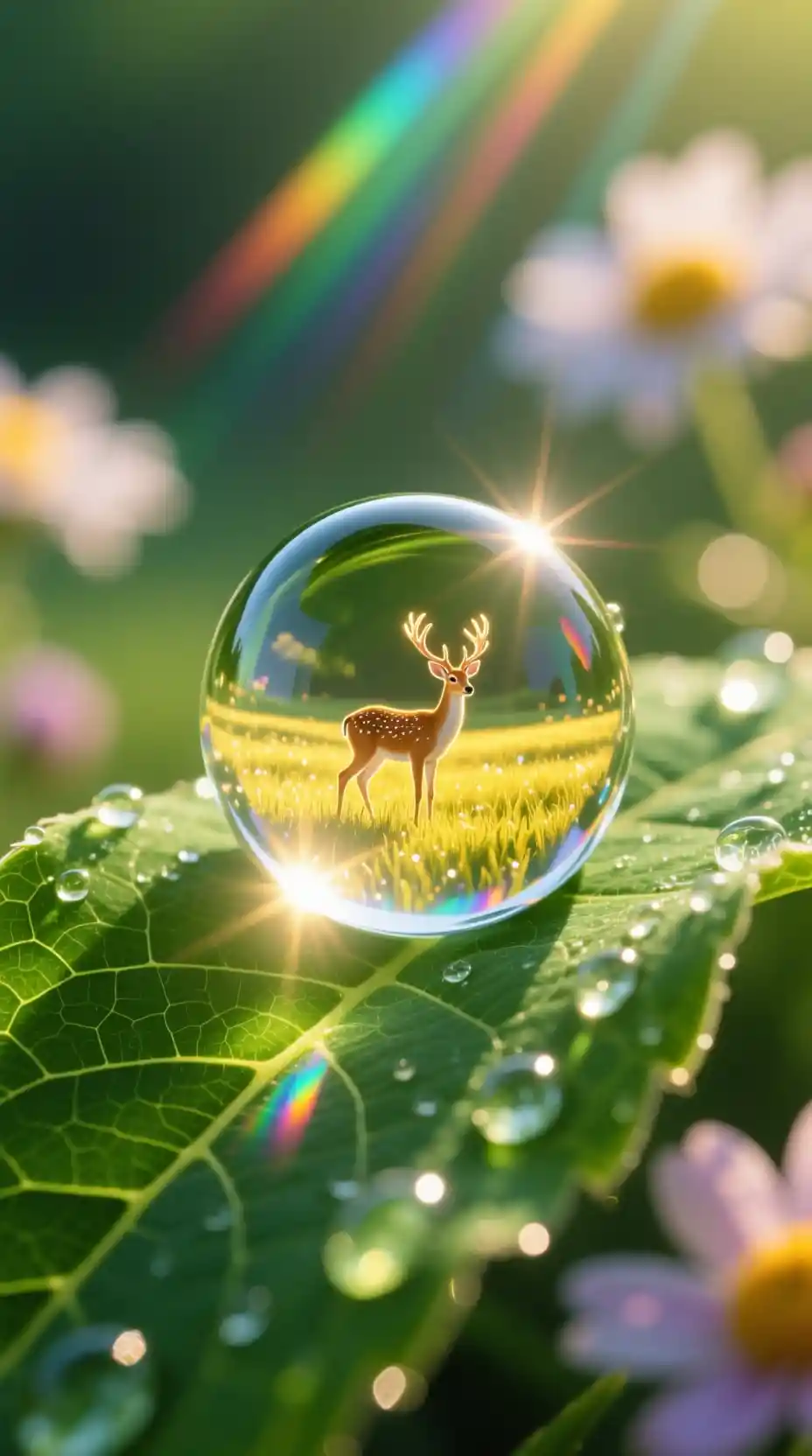 Macro de Gota de Orvalho Brilhante com Reflexo de Prado Encantado