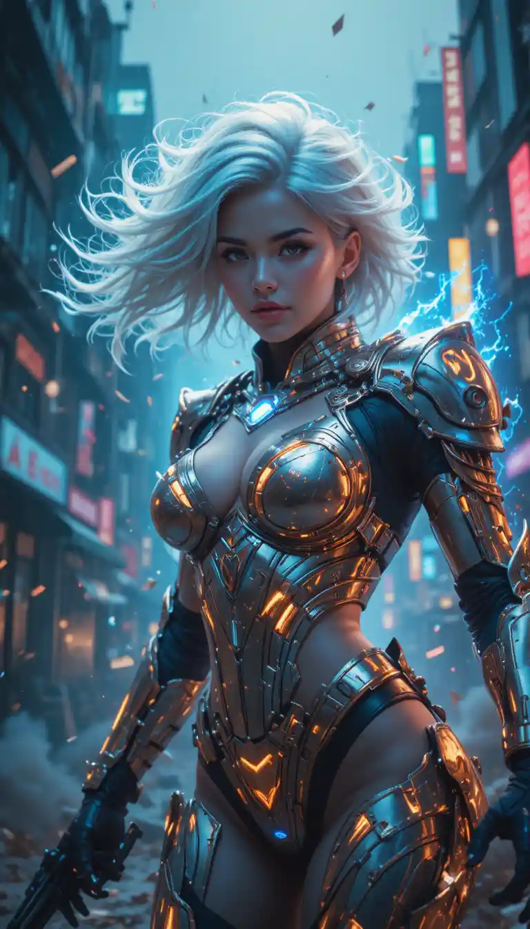 Armored warrior woman with glowing runes in dark city