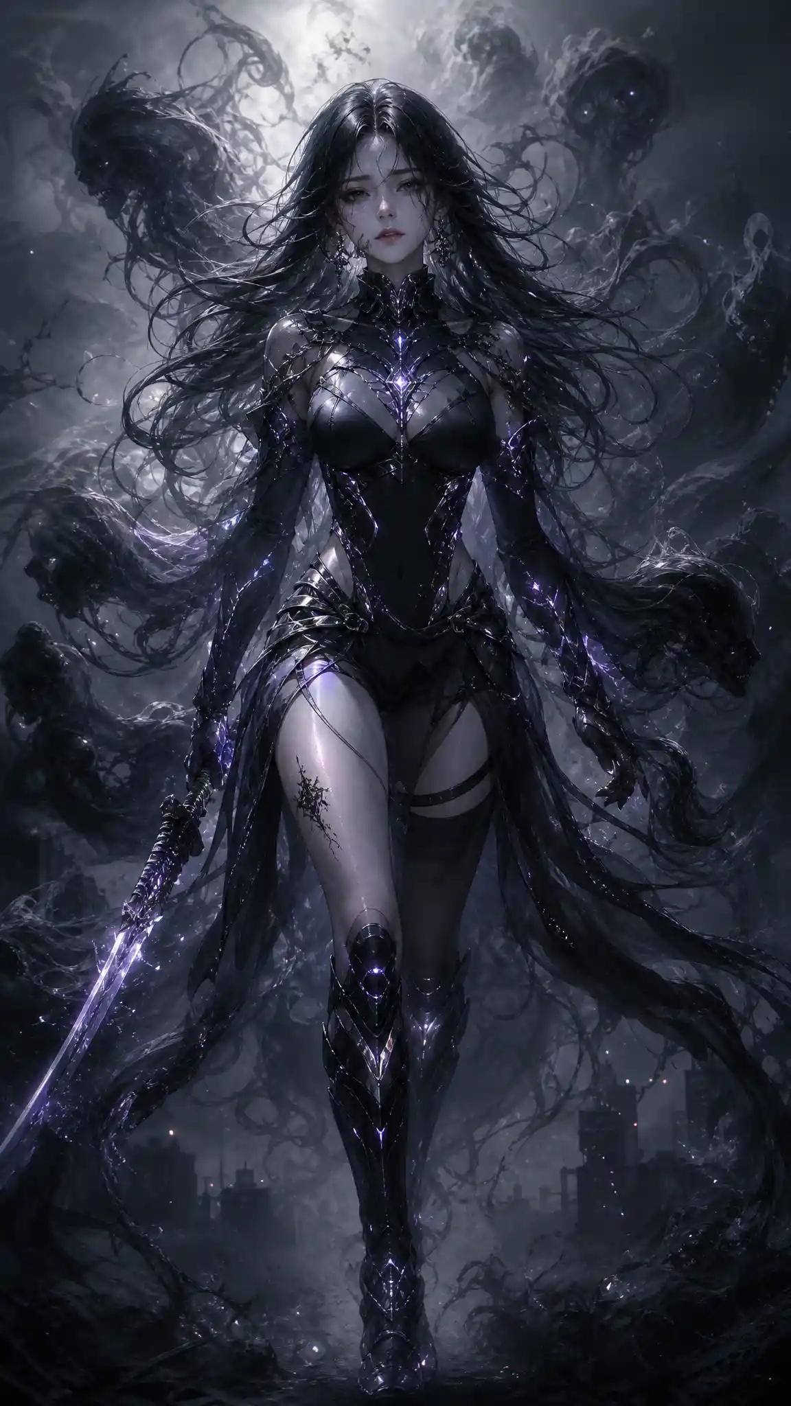 Ethereal cyber armored woman walking through ghostly smoke