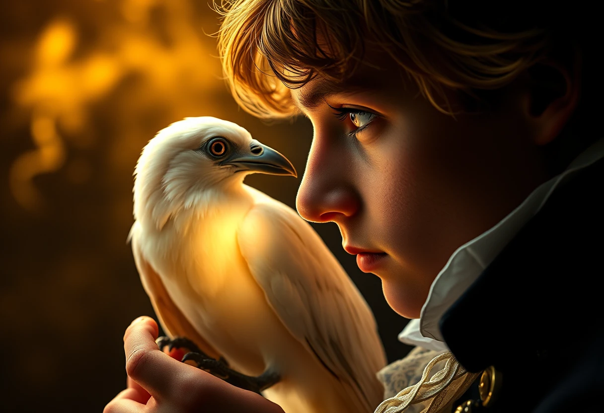 Young man facing glowing white raven in close up