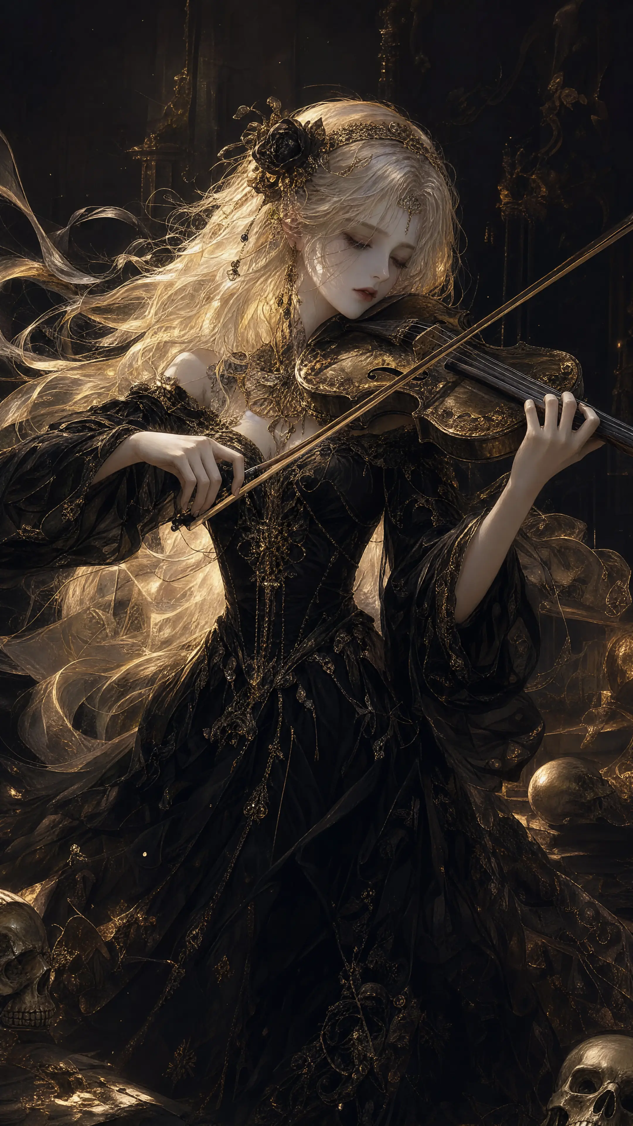 Ethereal golden haired girl playing violin in darkness