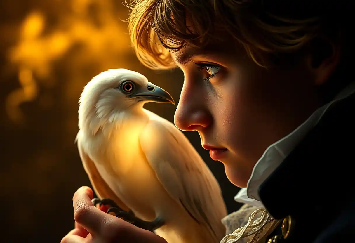 Young man facing glowing white raven in close up