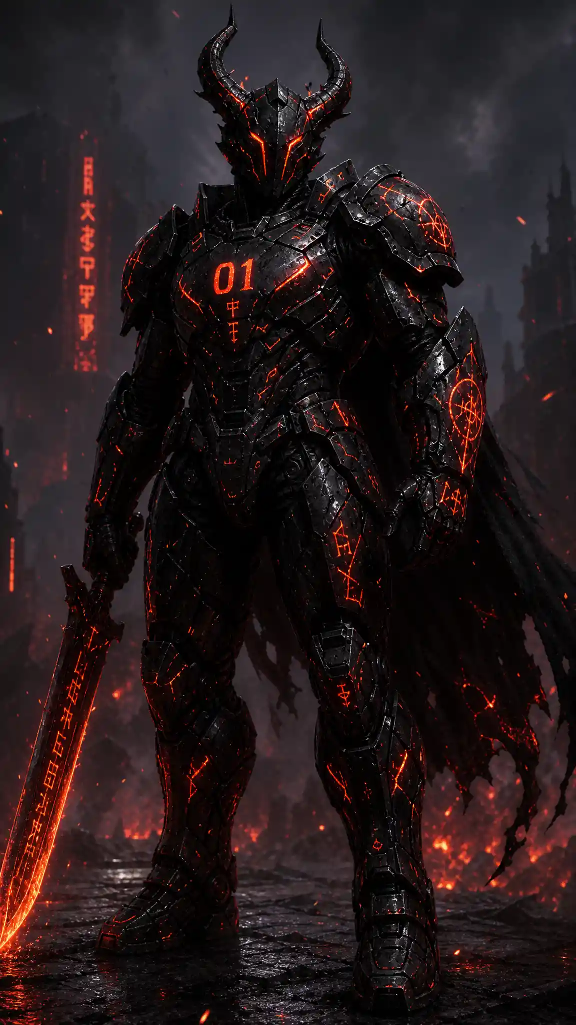 Armored figure with glowing runes and horned mechanical helmet