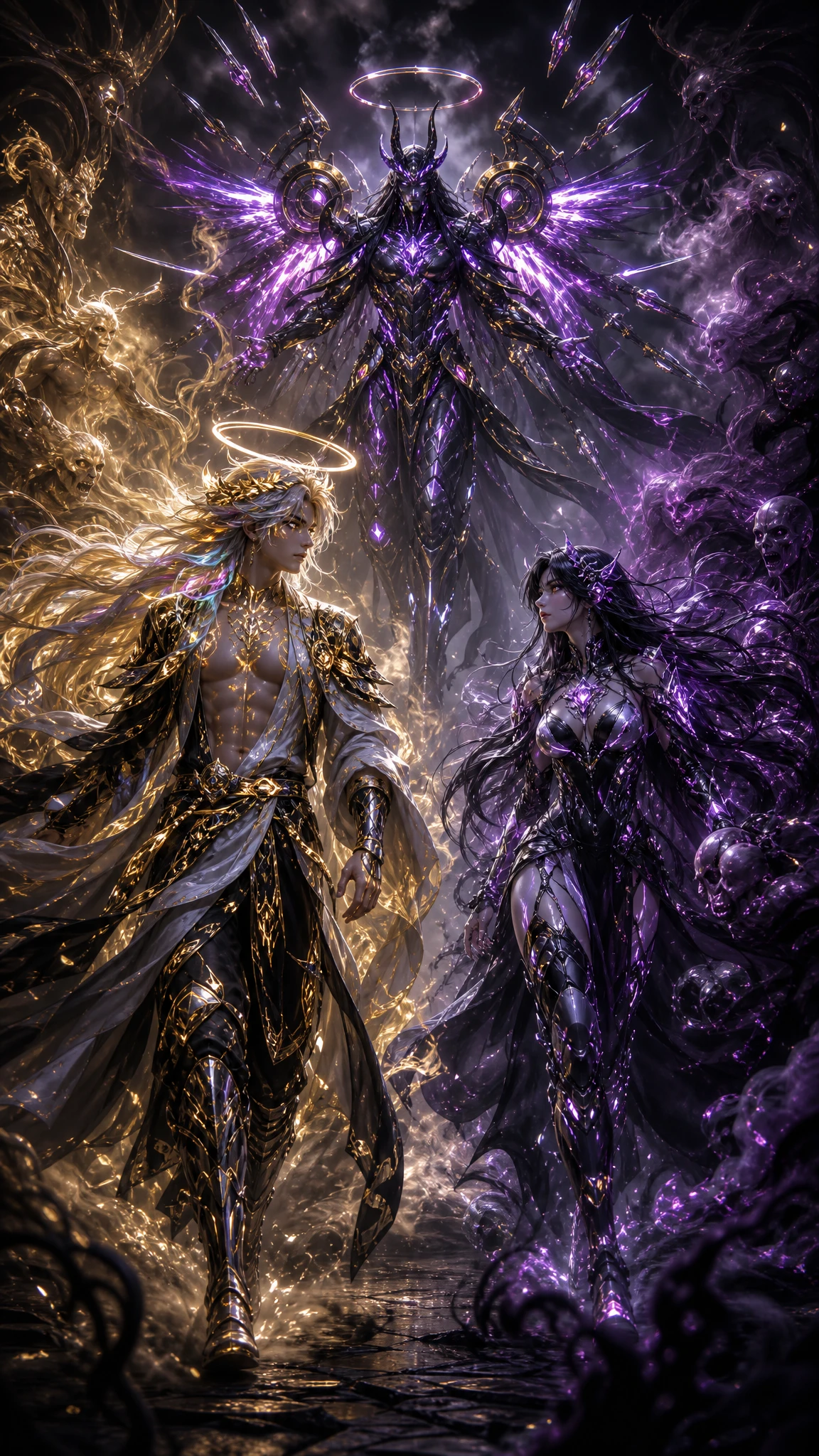 Young halo crowned warrior striding through glowing spirits