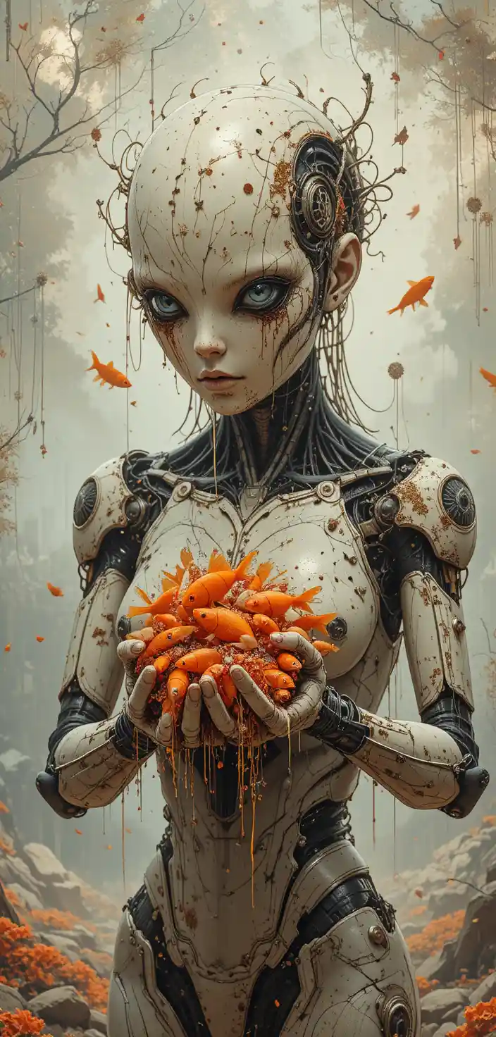 Hydrocephalus cyborg holding a handful of goldfish