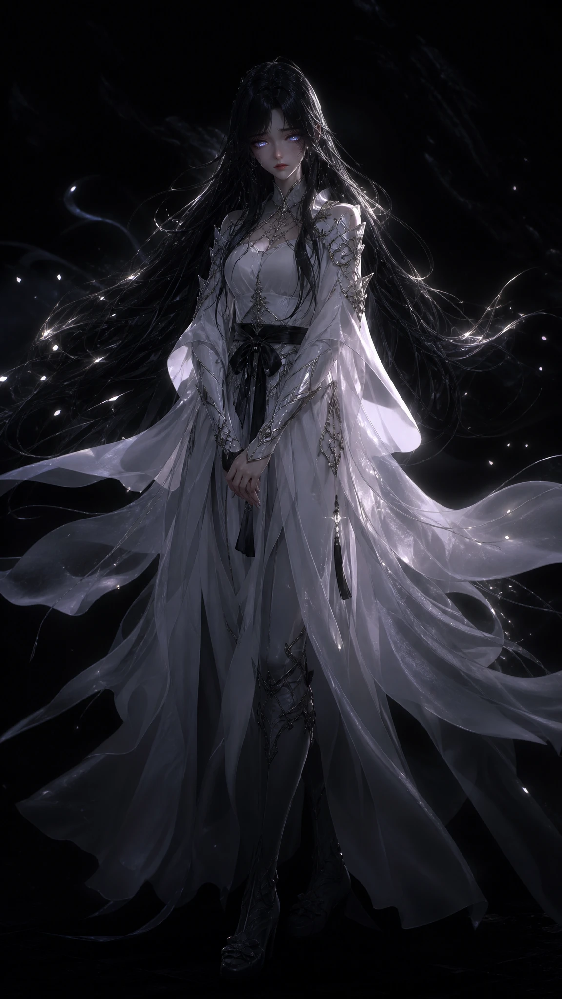 Sad 3D anime girl in glowing white armor robe