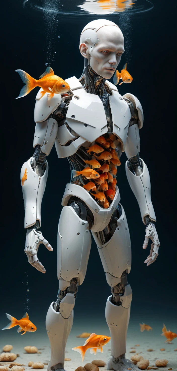 Hydrocephalus cyborg holding goldfish in decayed hands