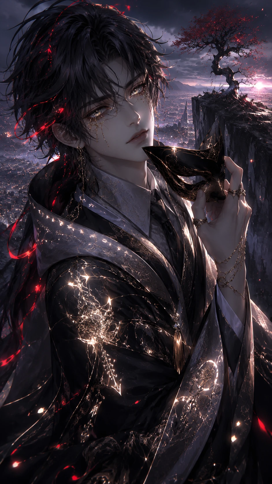 Melancholic anime man removing his mask in 3D portrait