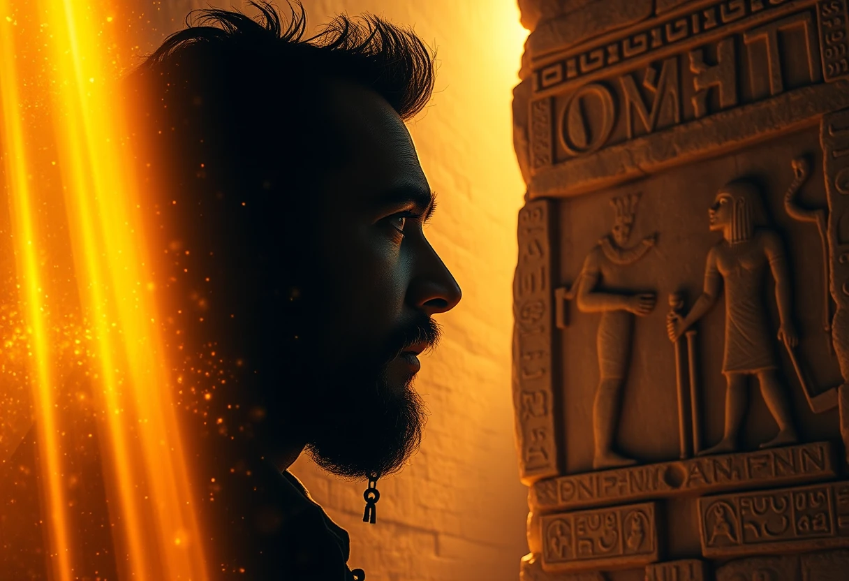 Alchemist Touching Ancient Egyptian Wall In Blazing Sunlight