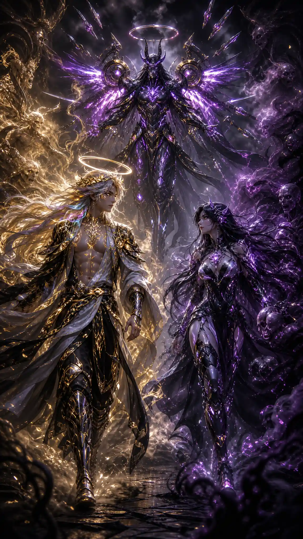 Young halo crowned warrior striding through glowing spirits