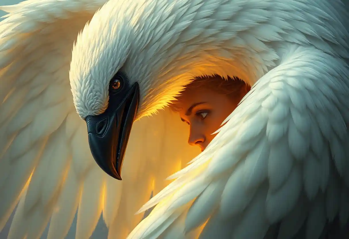 Young man with albino raven in mystical golden light