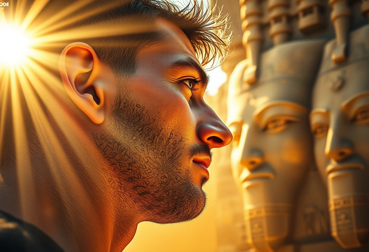 Close up of a man weeping before glowing stone gods