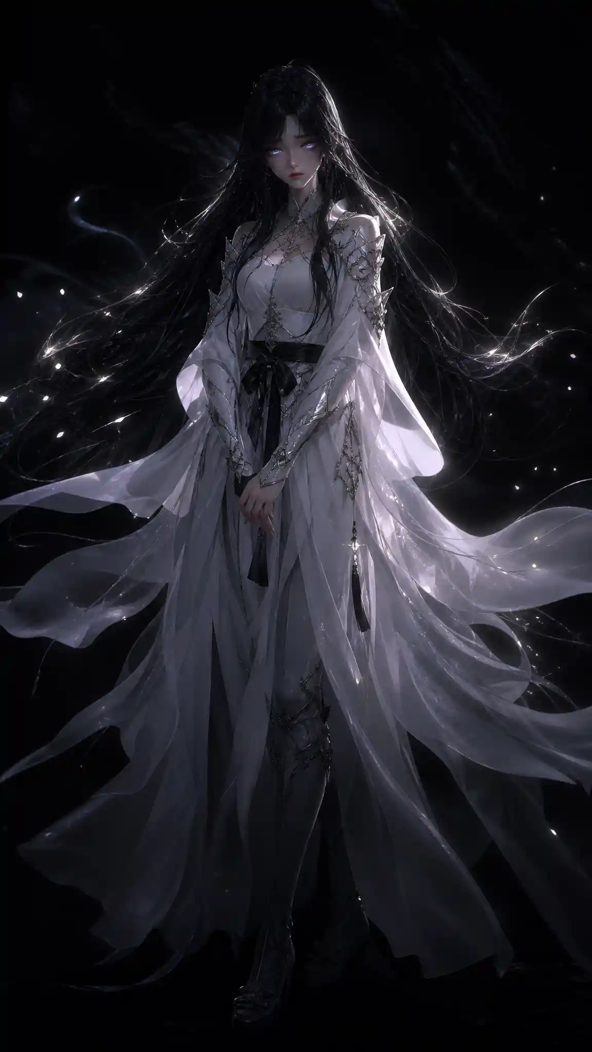 Sad 3D anime girl in glowing white armor robe