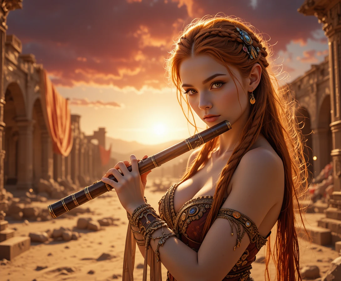 Fiery haired elf bard playing flute in desert ruins