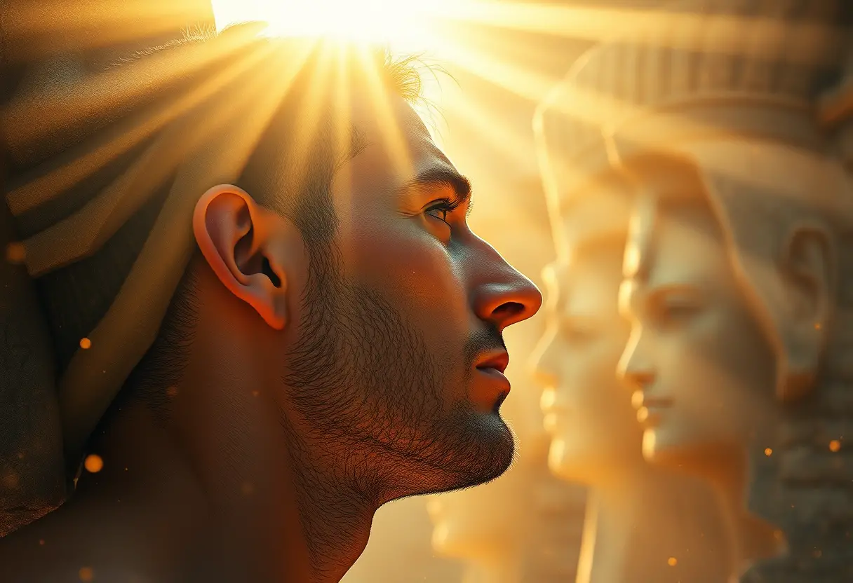 Man in golden light before living stone gods profile