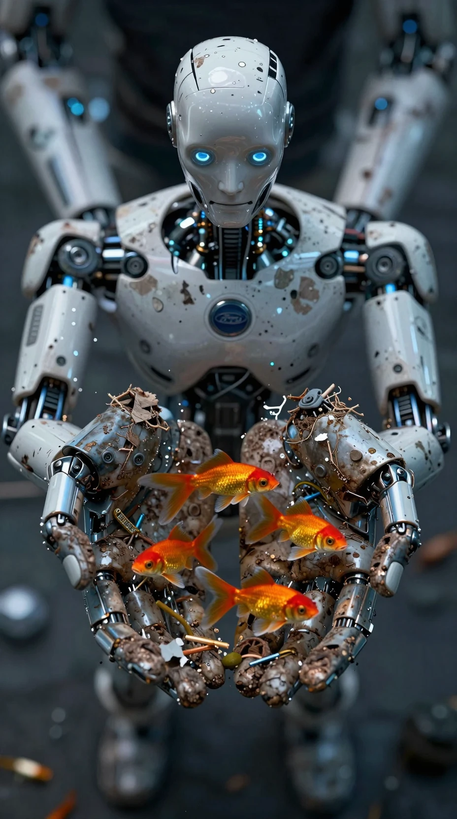 Cyborg With Decayed Hands Holding A Cluster Of Goldfish