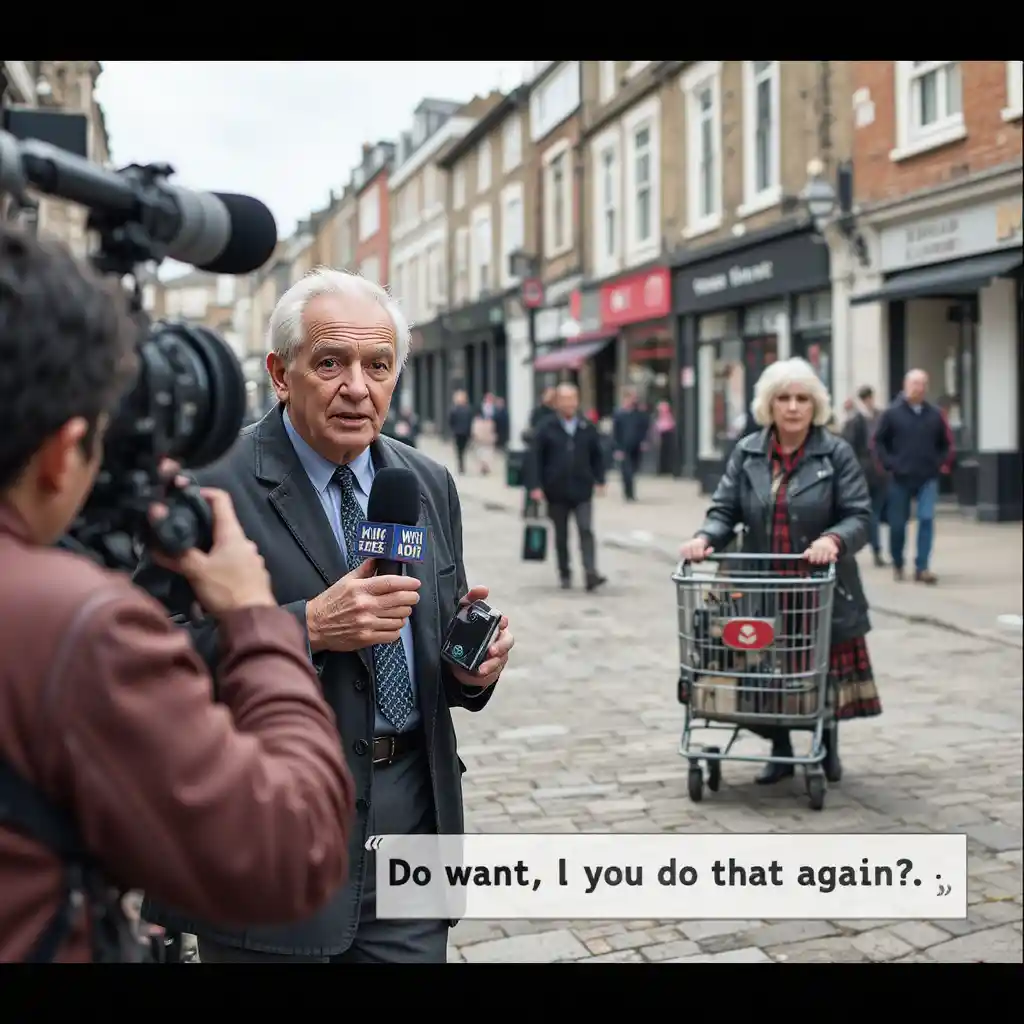 Grumpy gentleman interviewed by tv news crew on town street