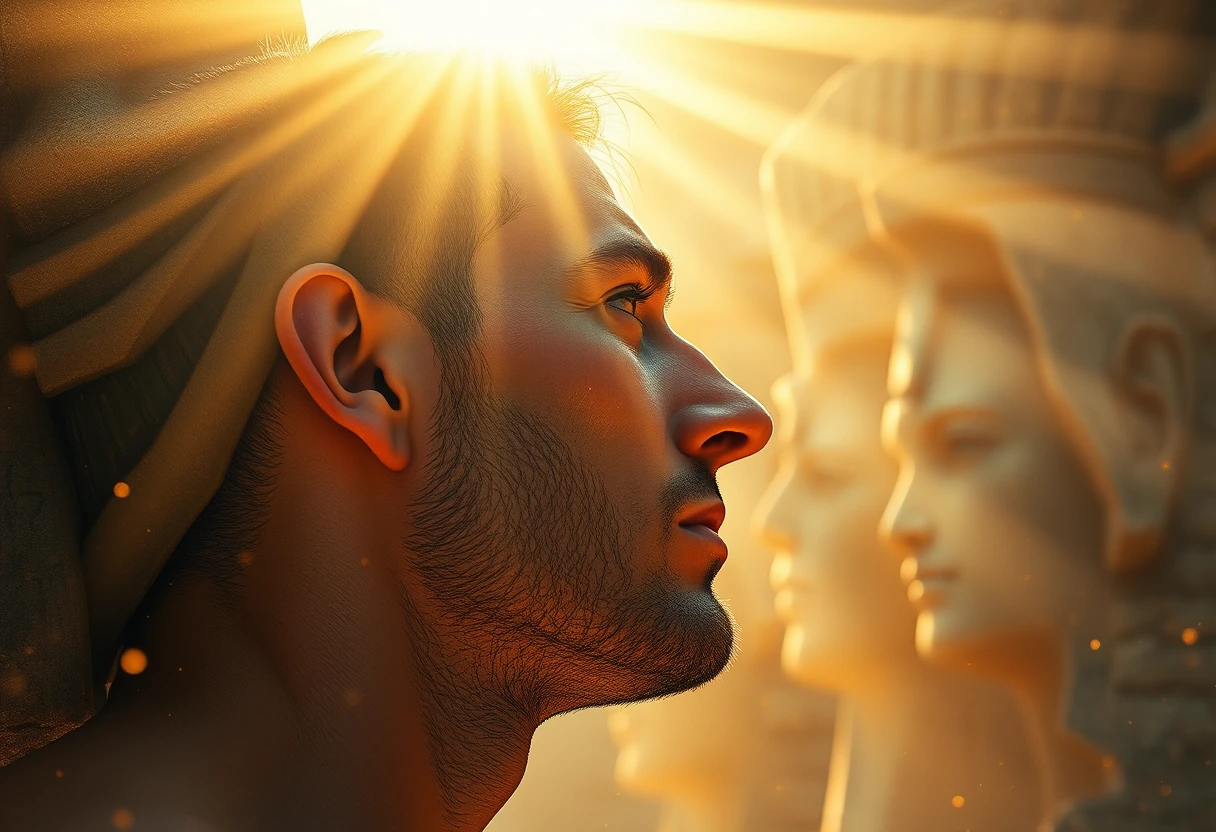 Man in golden light before living stone gods profile
