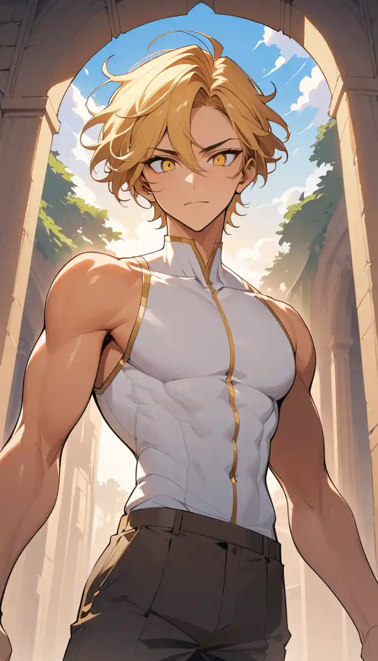 Confident anime man standing outdoors at sunrise