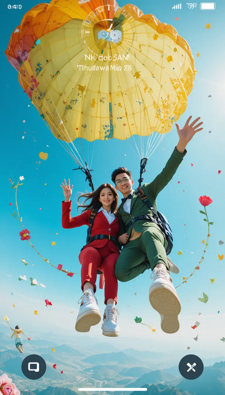 Stylish couple parachuting above a bright blue sky