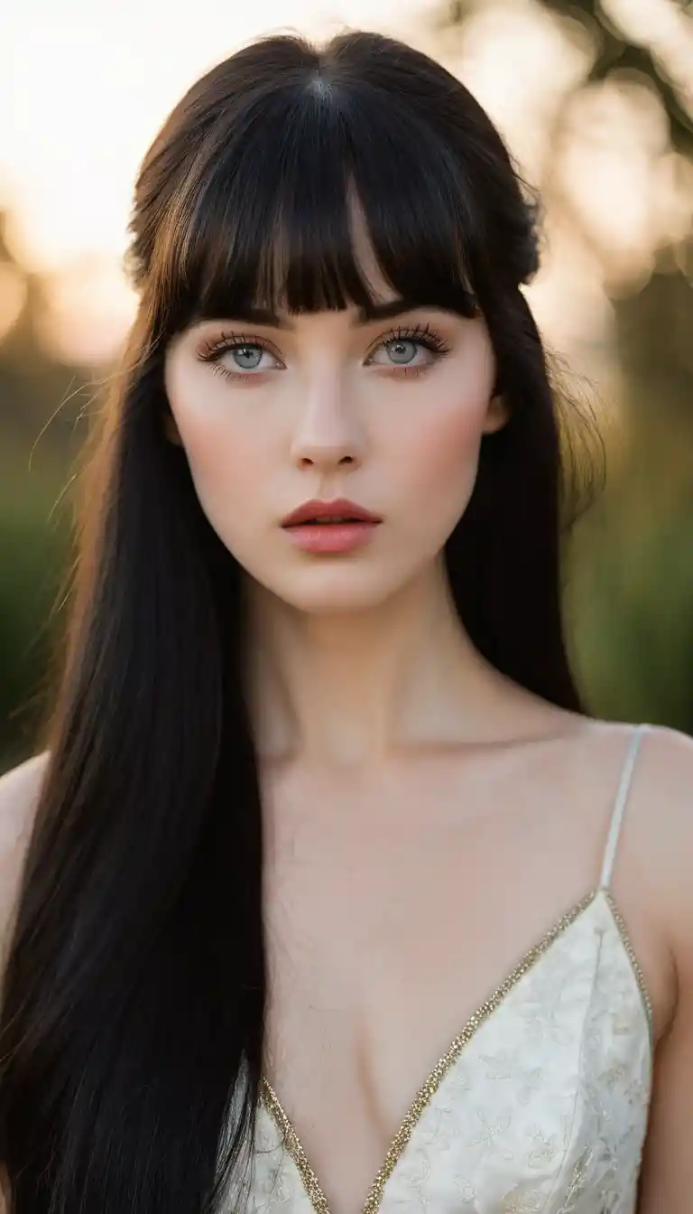 Young woman with long black hair in golden hour light