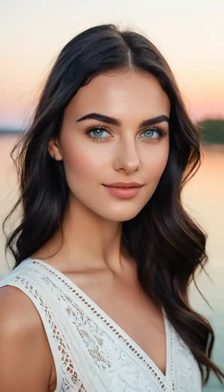 Young woman with flowing gradient hair by calm waters at dawn