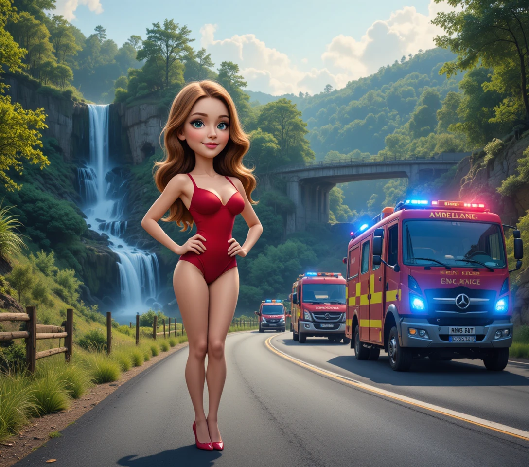 Confident red haired woman in red lingerie by waterfall