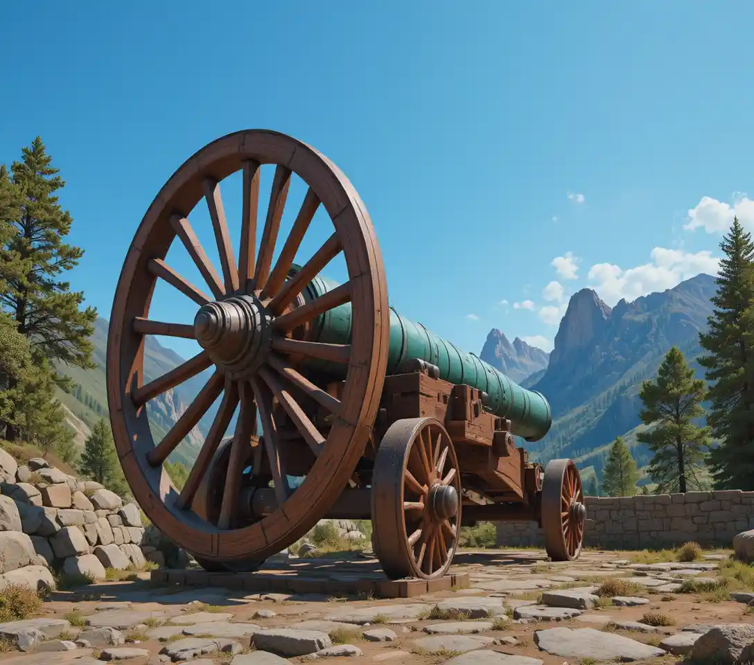 Old cannon close up against rocky hills and blue sky