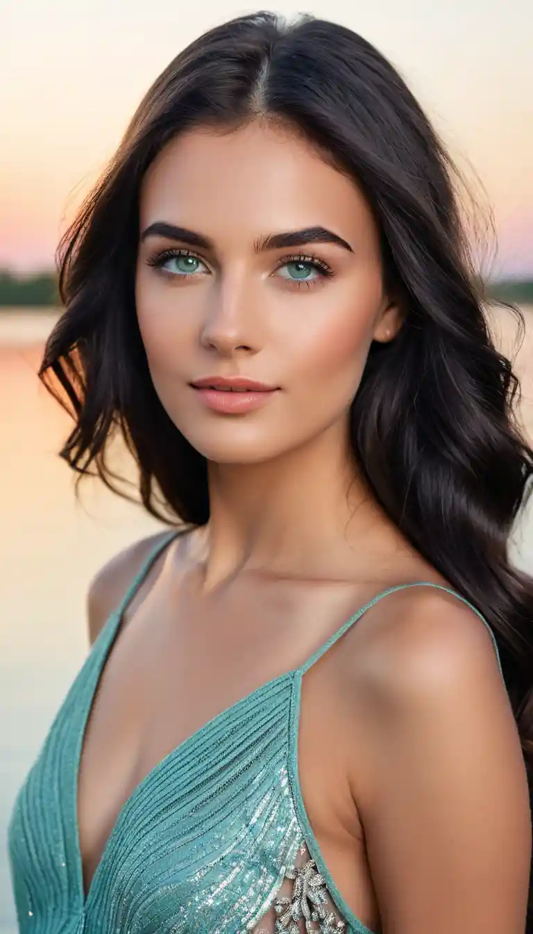 Young woman with flowing hair standing by calm water