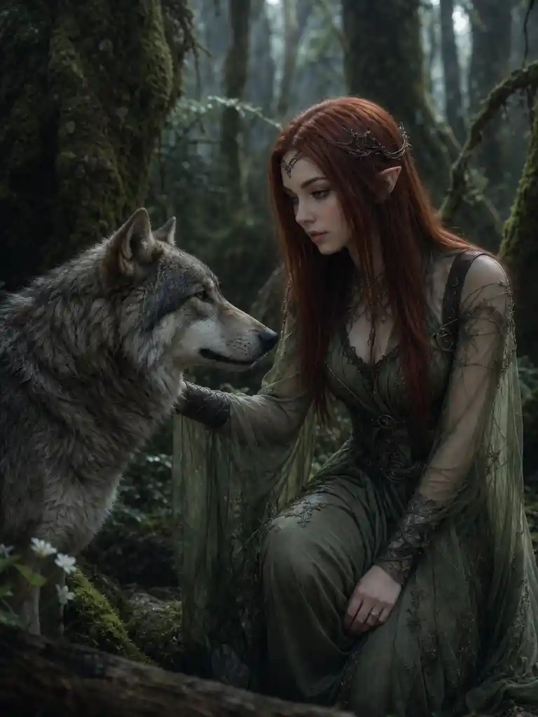 Wood elf and gray wolf in a dark magical forest