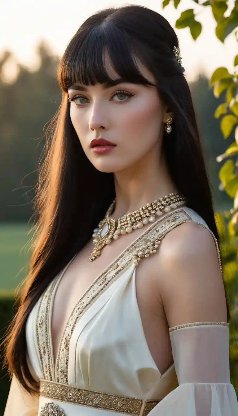 Young woman with long black hair in outdoor portrait