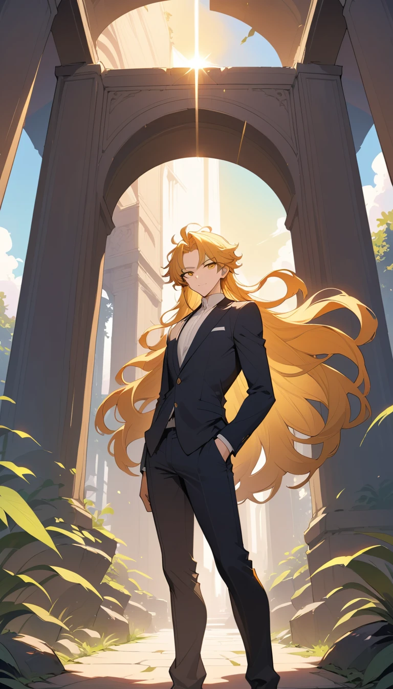 Confident anime man standing outdoors in sunrise light