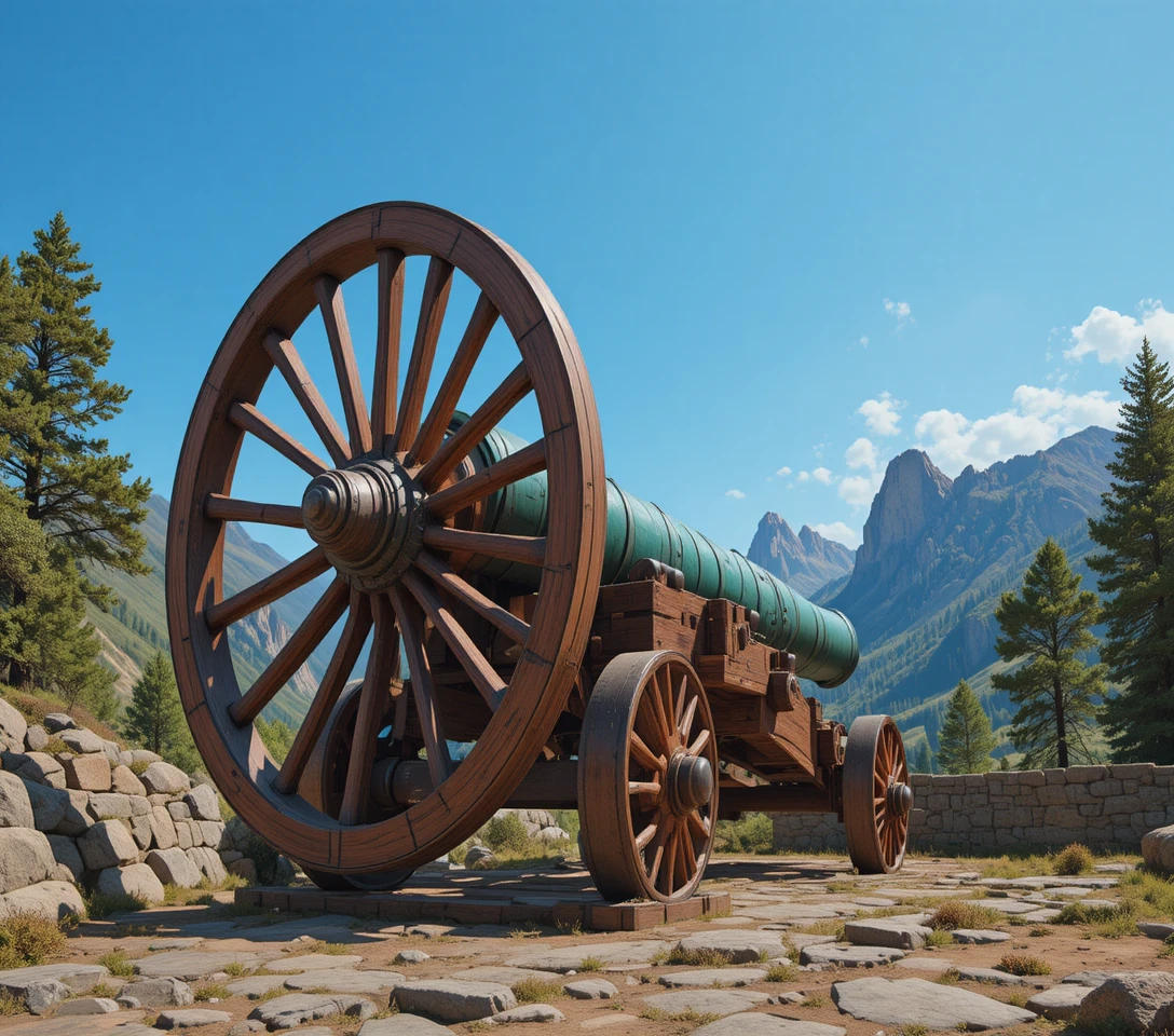 Old cannon close up against rocky hills and blue sky