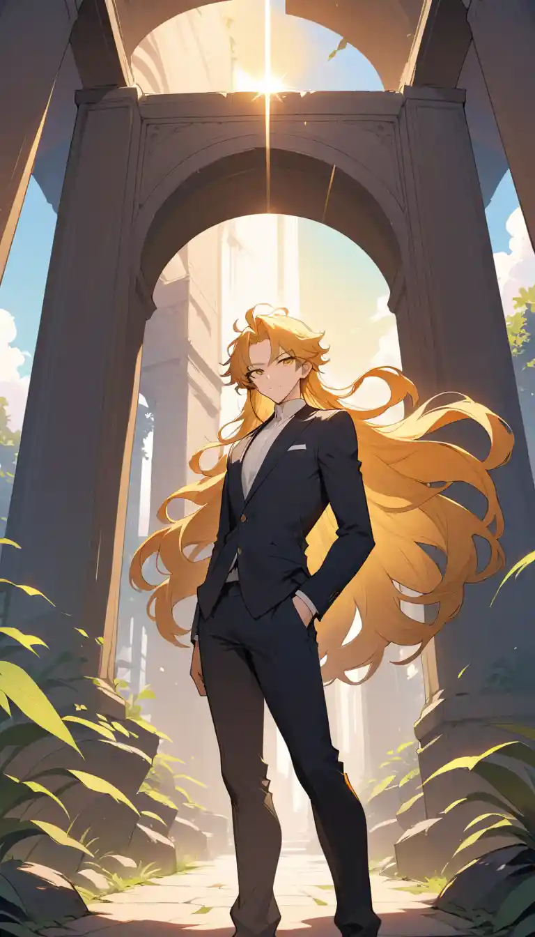 Confident anime man standing outdoors in sunrise light