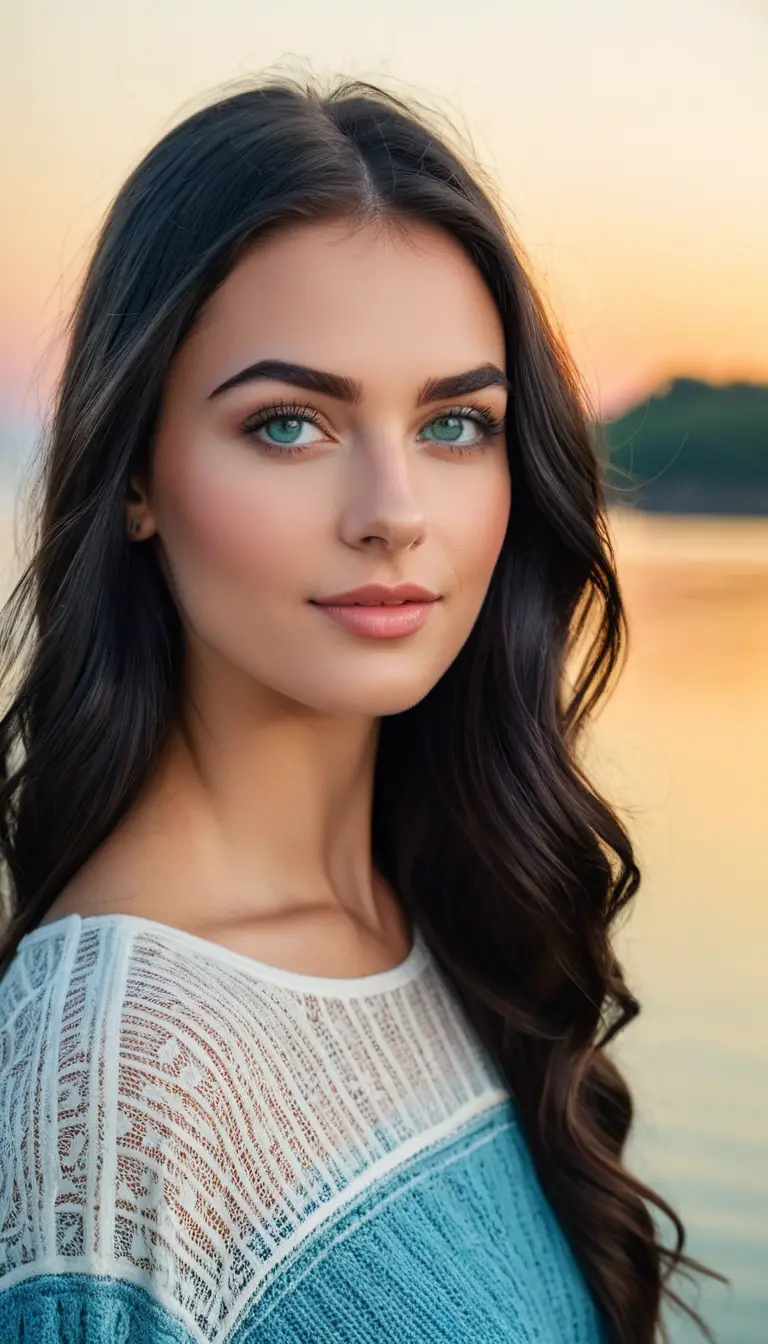Junge Frau mit fließendem Ombre-Haar am Wasser