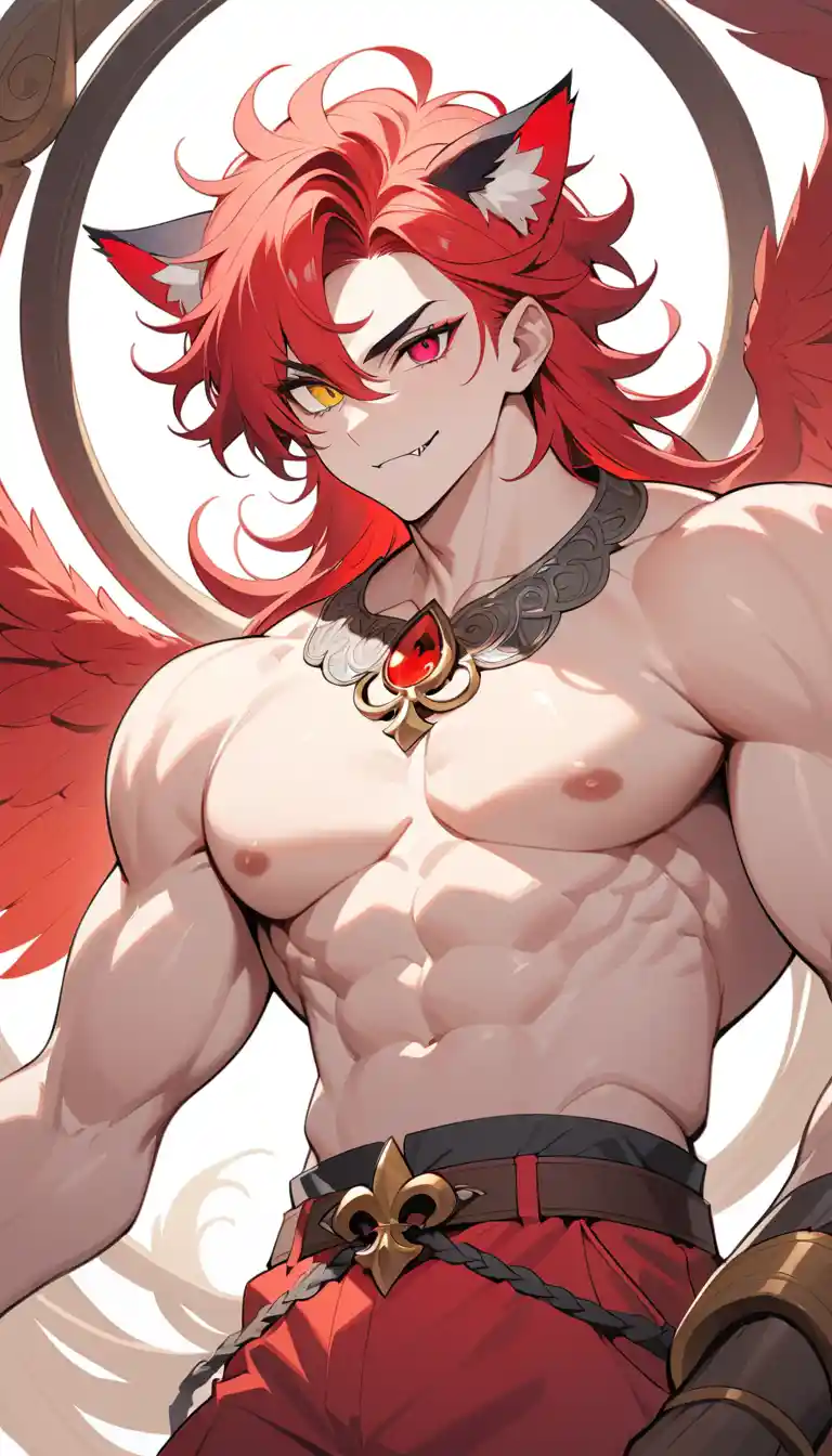 Confident heterochromatic anime man with long split color hair