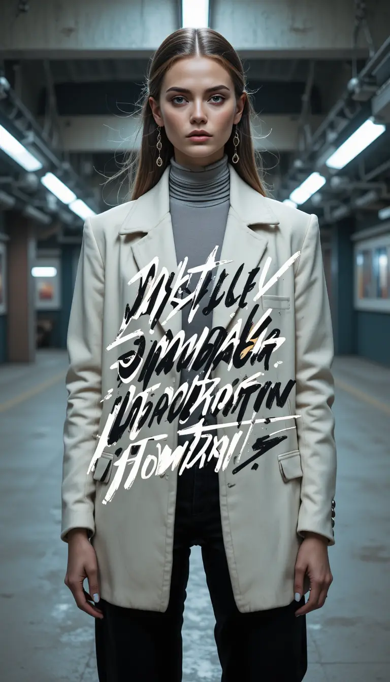 Confident fashion woman in industrial setting with bold doodles