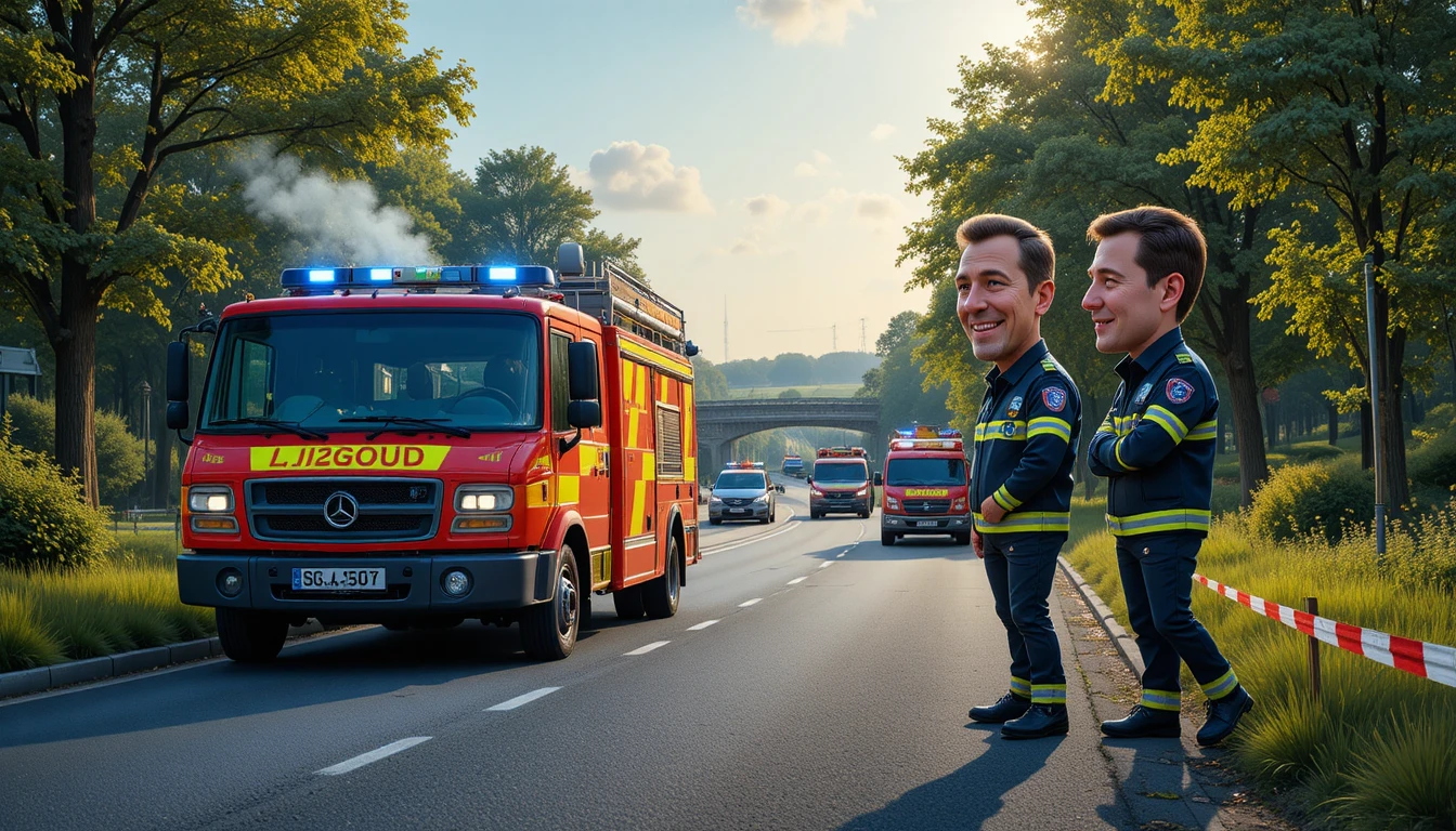 Firefighters talking beside a red and yellow rescue truck