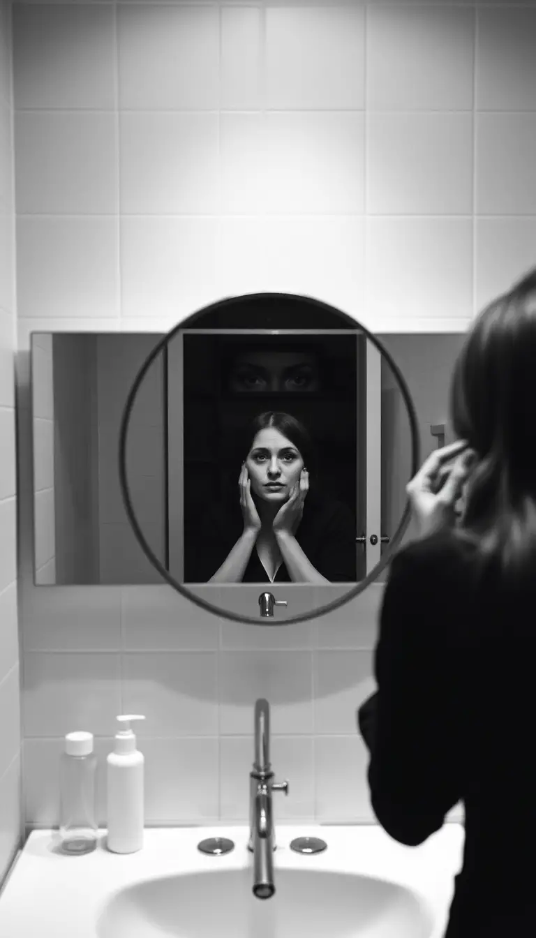 Woman putting on makeup in a dim bathroom mirror